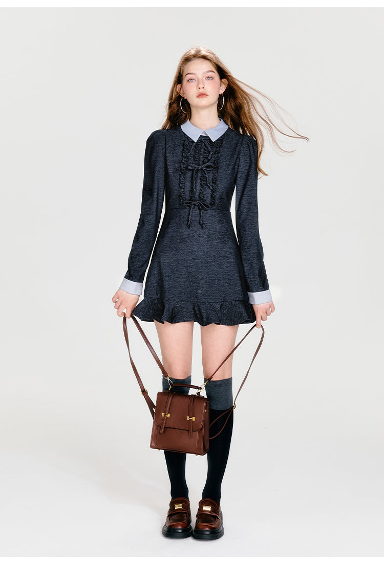 Collared High-Waisted Mini Dress With Bows