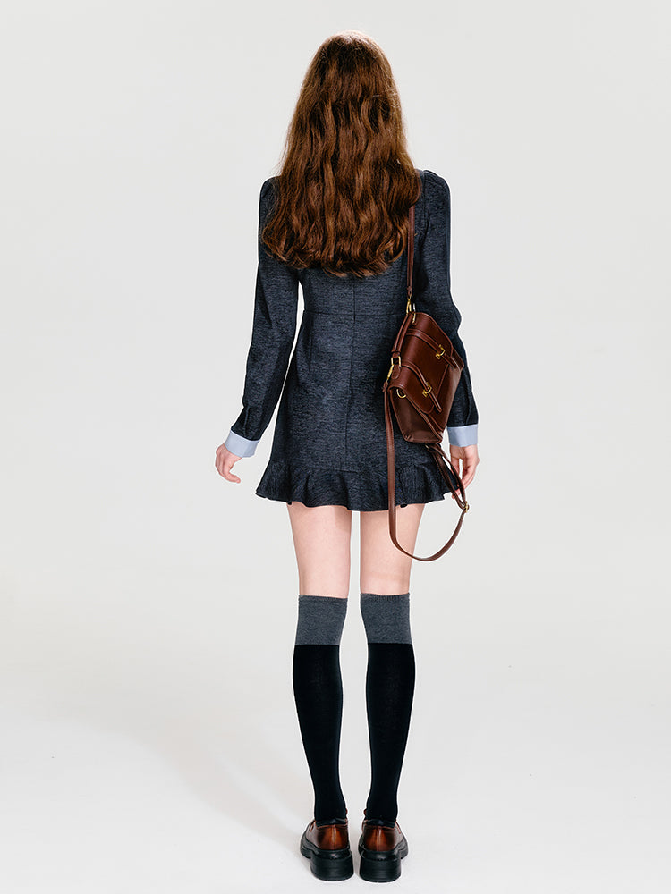 Collared High-Waisted Mini Dress With Bows