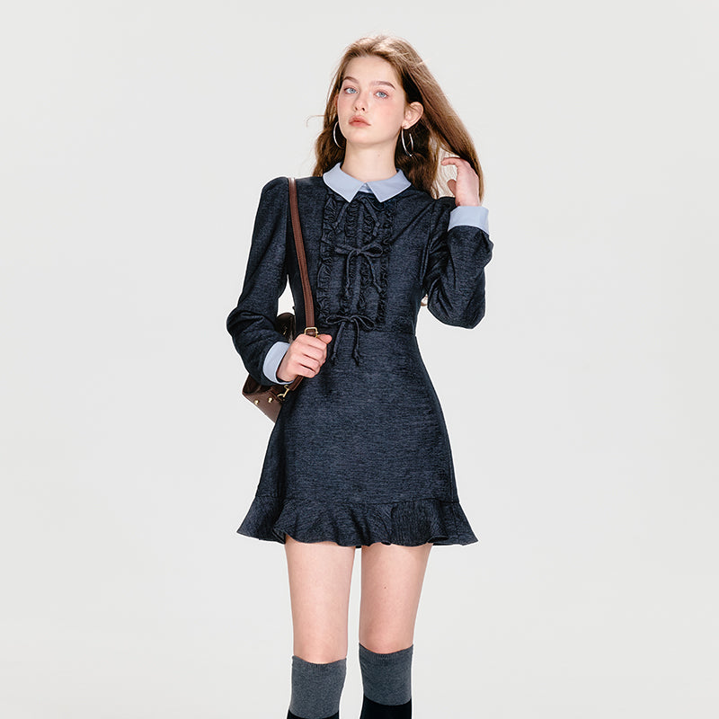 Collared High-Waisted Mini Dress With Bows
