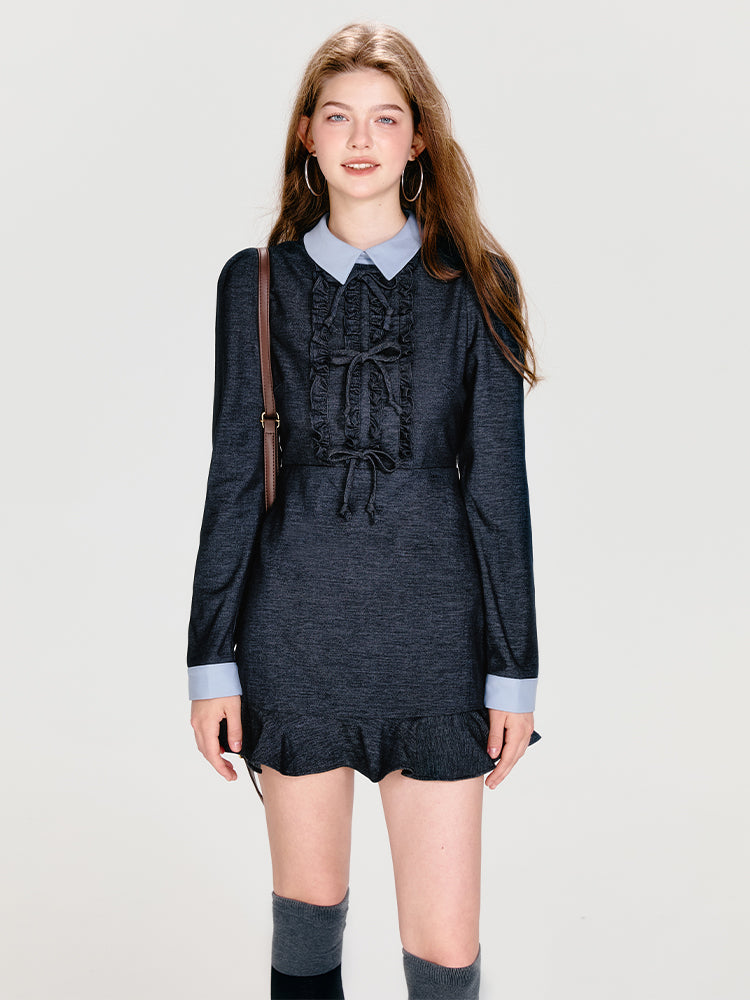 Collared High-Waisted Mini Dress With Bows