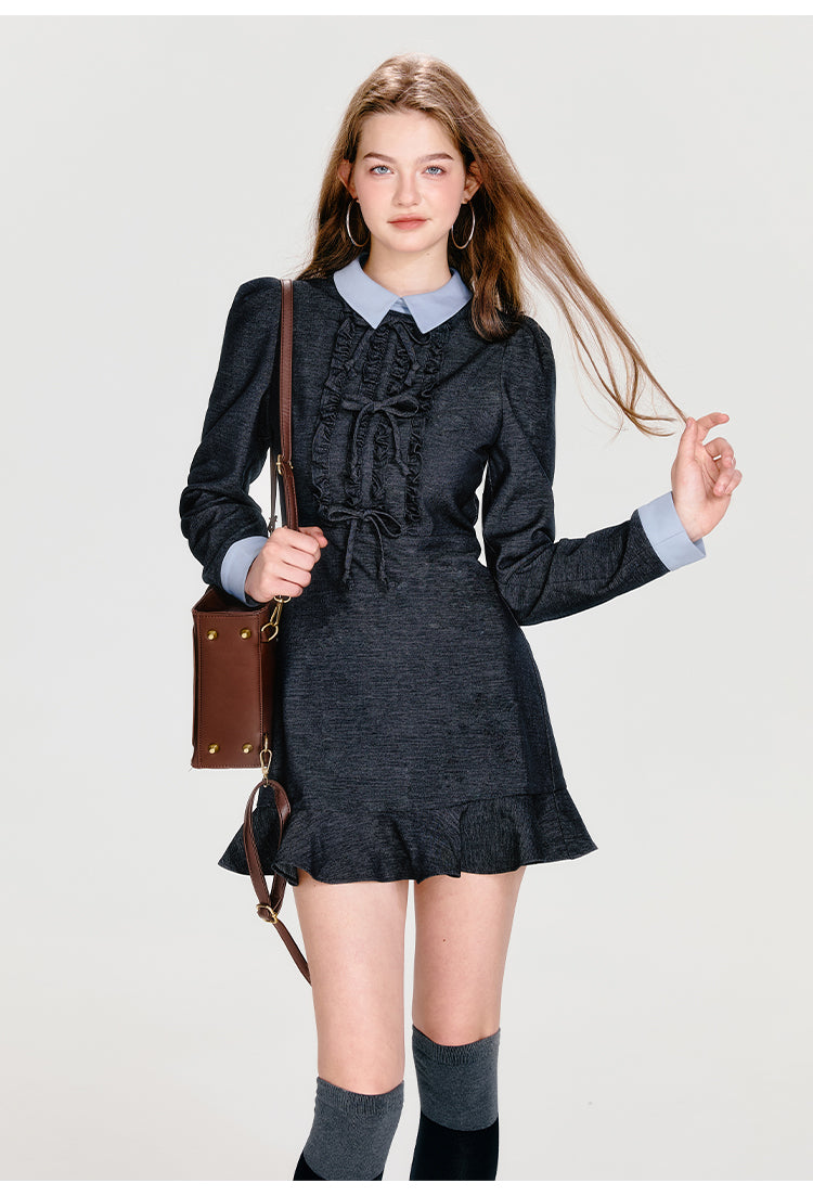 Collared High-Waisted Mini Dress With Bows