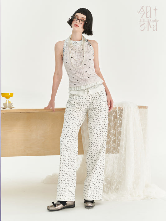 Polka Dot Ruffled Sleeveless Top With Sequin Neckline