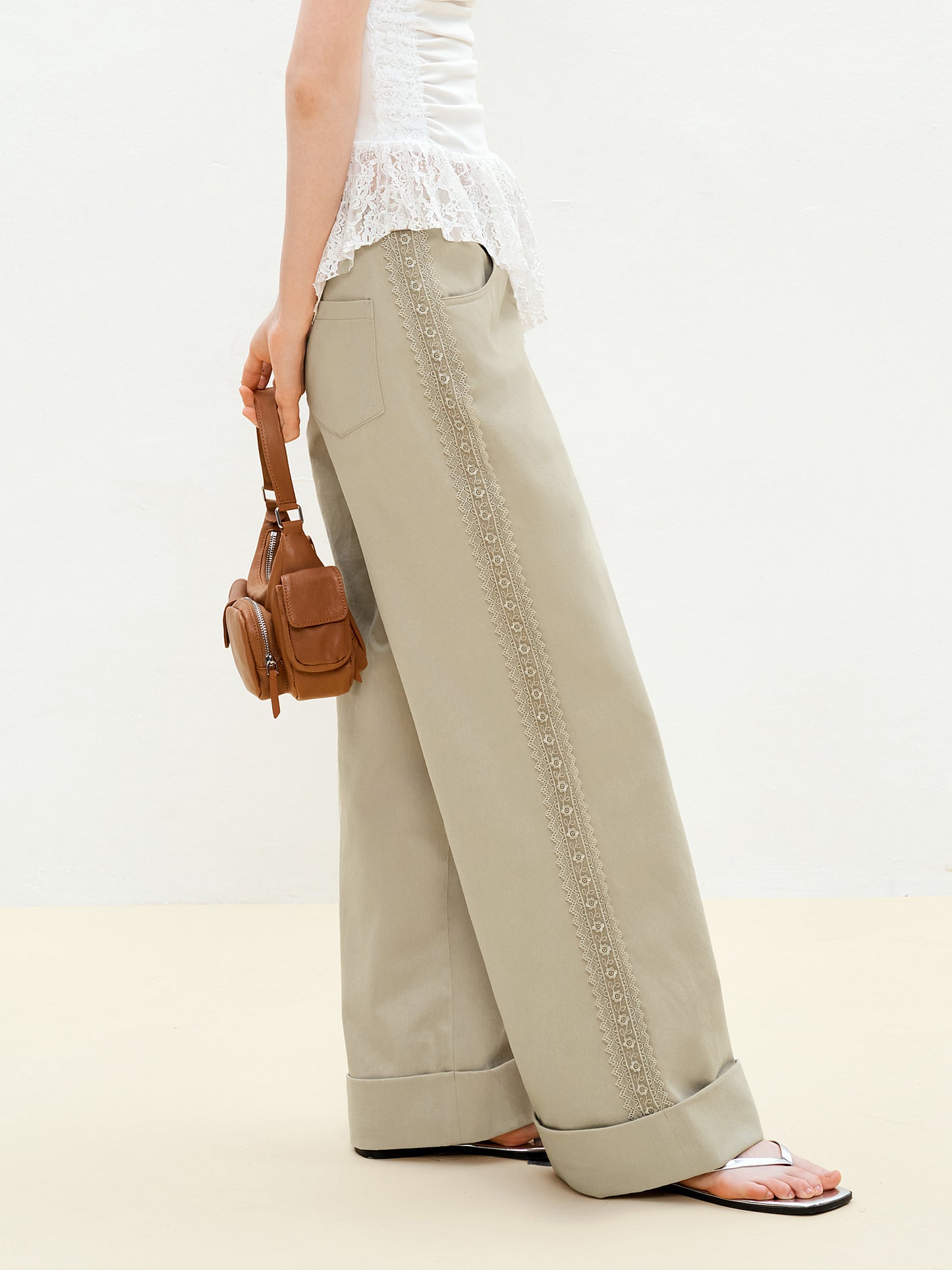 Lace-Detailed Pure Cotton Roll-Up Pants