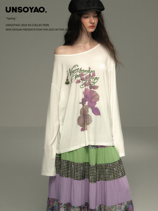 Oversized Off Shoulder Print T-Shirt