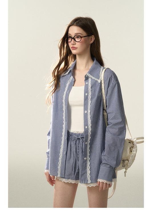 Lace-Trimmed Plaid Shirt And Matching Shorts