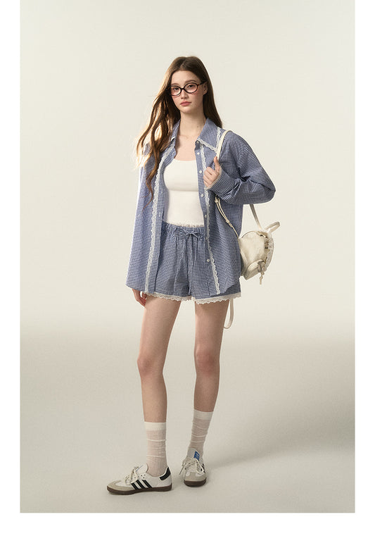 Lace-Trimmed Plaid Shirt And Matching Shorts