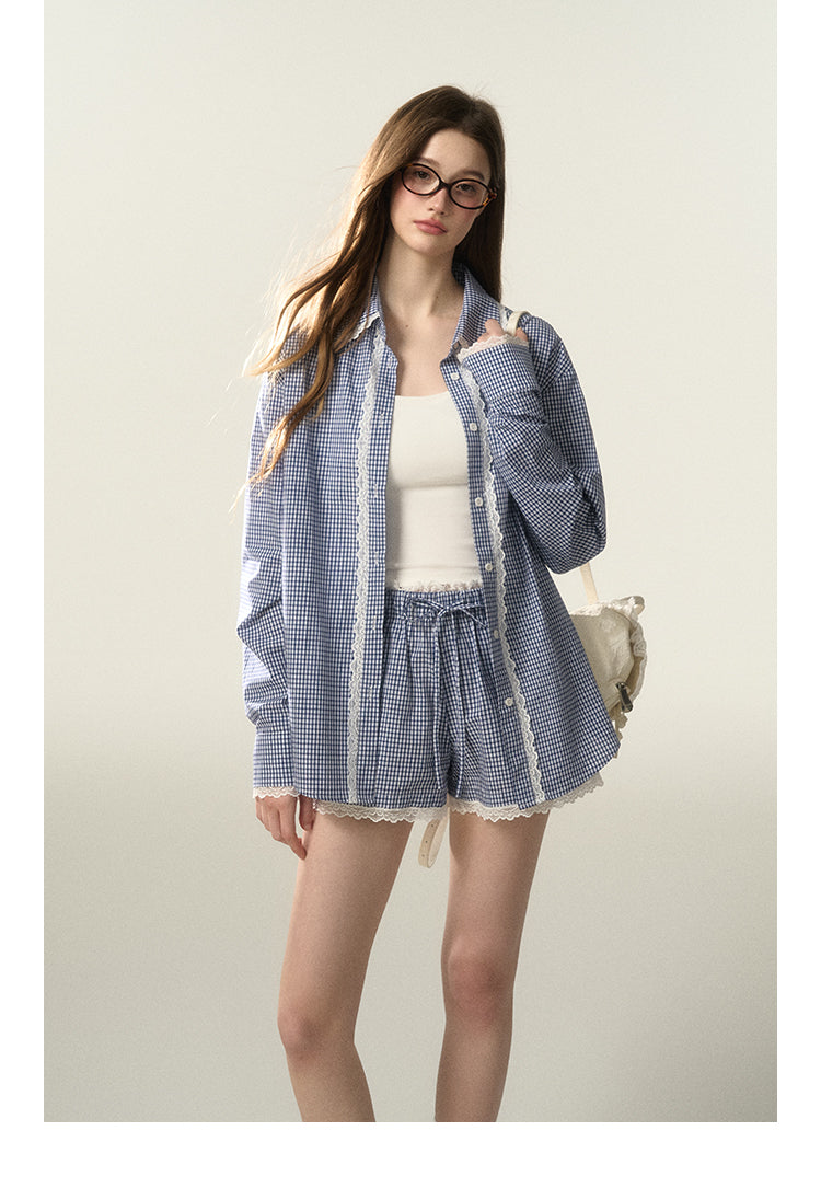 Lace-Trimmed Plaid Shirt And Matching Shorts