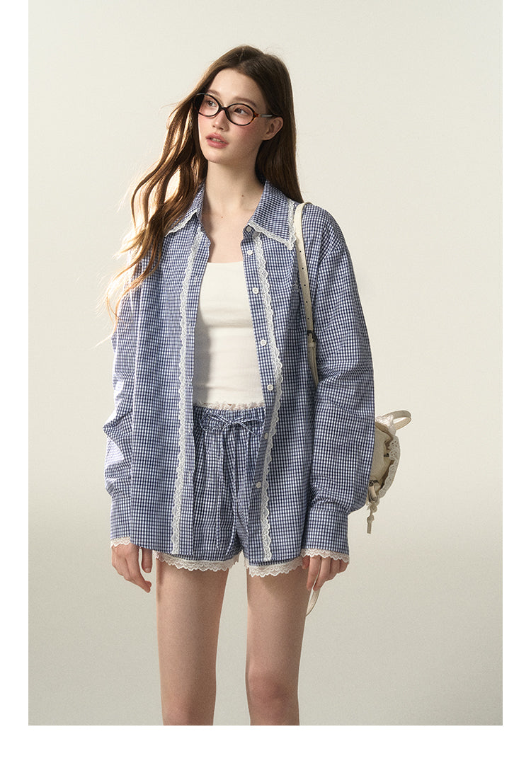Lace-Trimmed Plaid Shirt And Matching Shorts