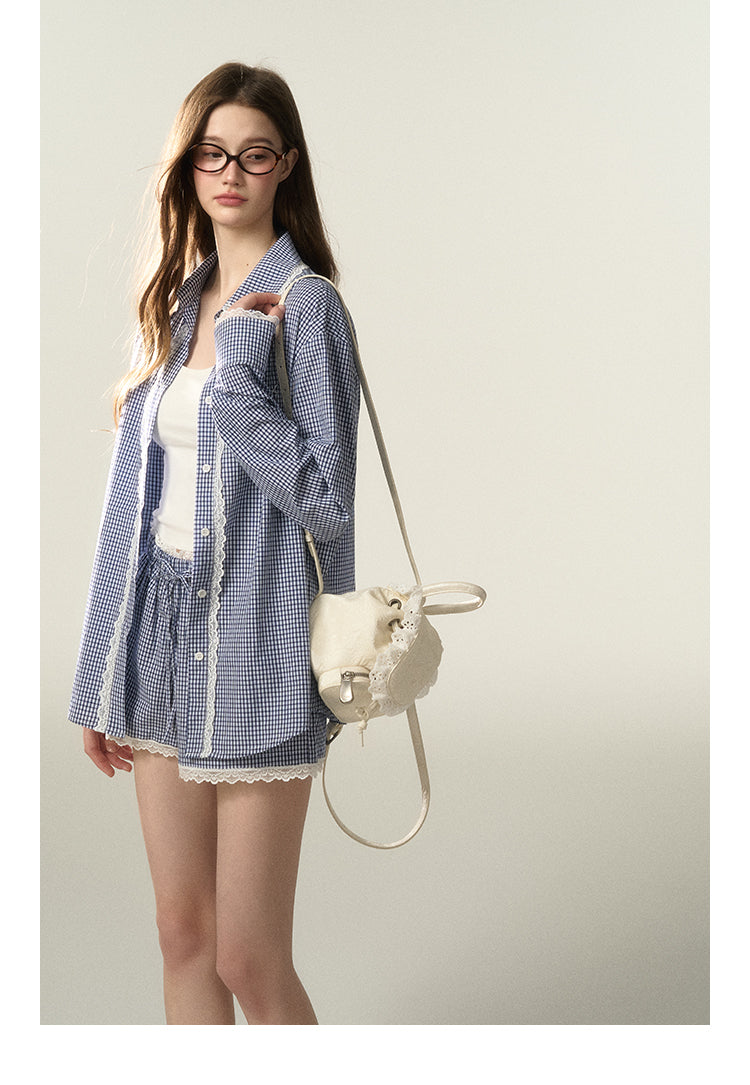 Lace-Trimmed Plaid Shirt And Matching Shorts