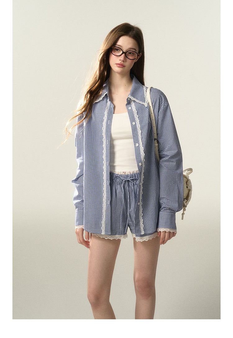 Lace-Trimmed Plaid Shirt And Matching Shorts