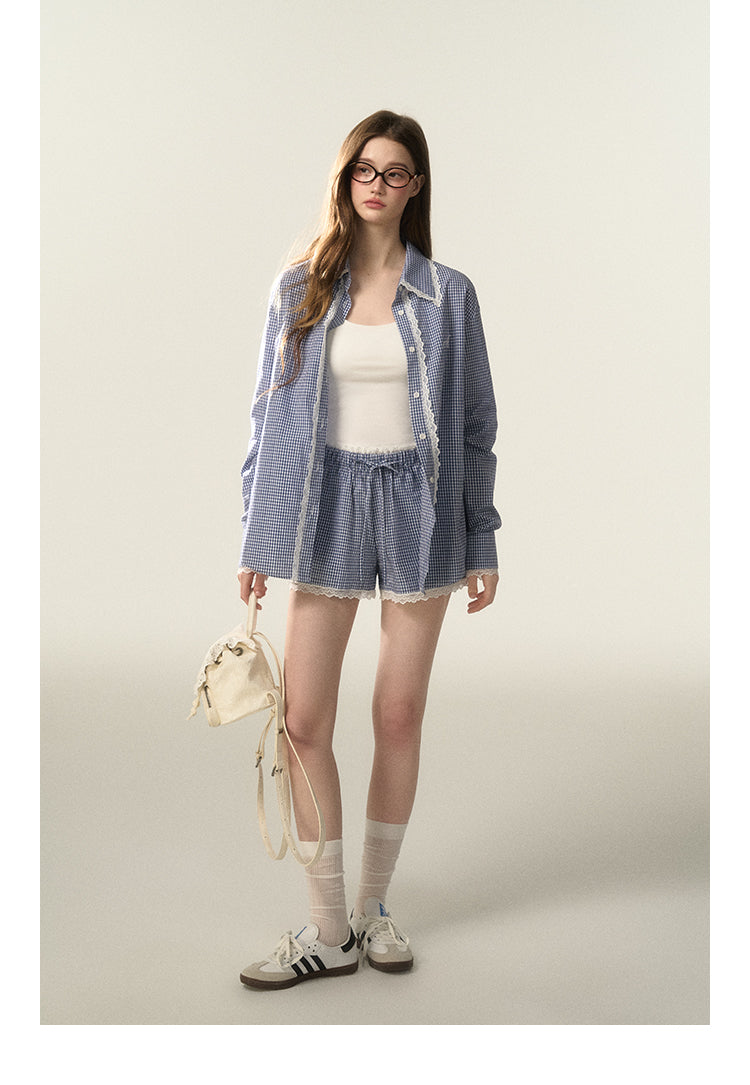 Lace-Trimmed Plaid Shirt And Matching Shorts