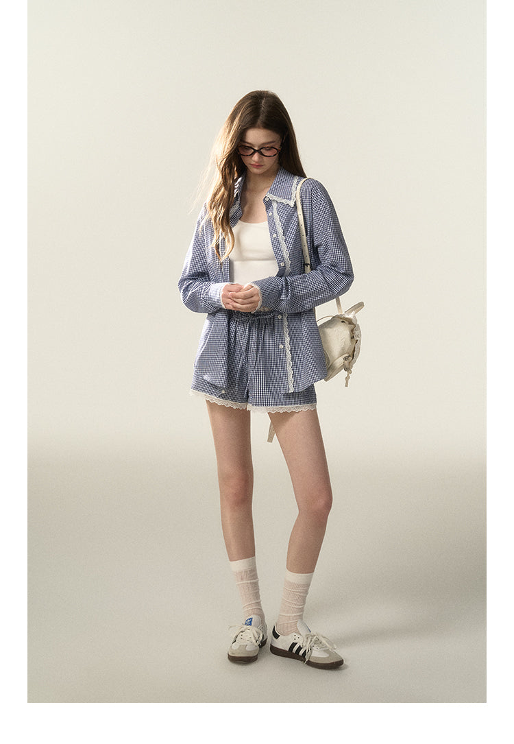 Lace-Trimmed Plaid Shirt And Matching Shorts