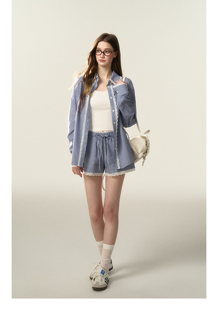 Lace-Trimmed Plaid Shirt And Matching Shorts