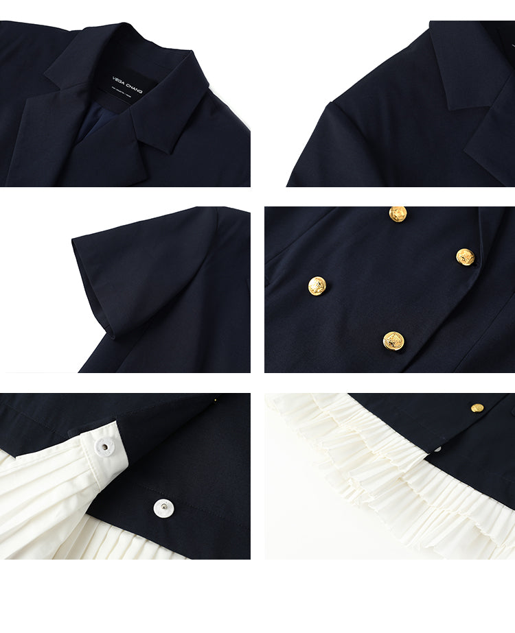 Double-Breasted Blazer Dress With Layered Pleated Hem