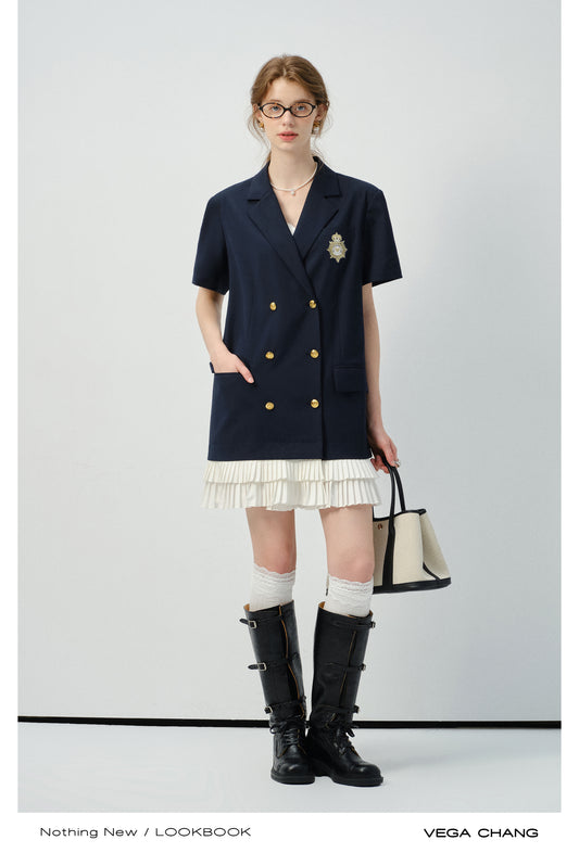 Double-Breasted Blazer Dress With Layered Pleated Hem