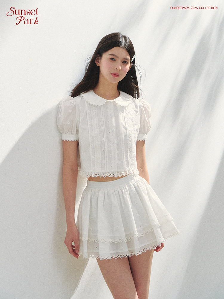 Puff-Sleeve Blouse & Tiered Skirt - Plain Or Plaid