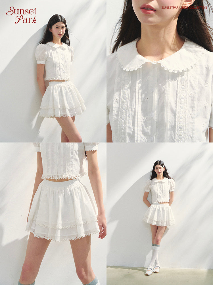 Puff-Sleeve Blouse & Tiered Skirt - Plain Or Plaid