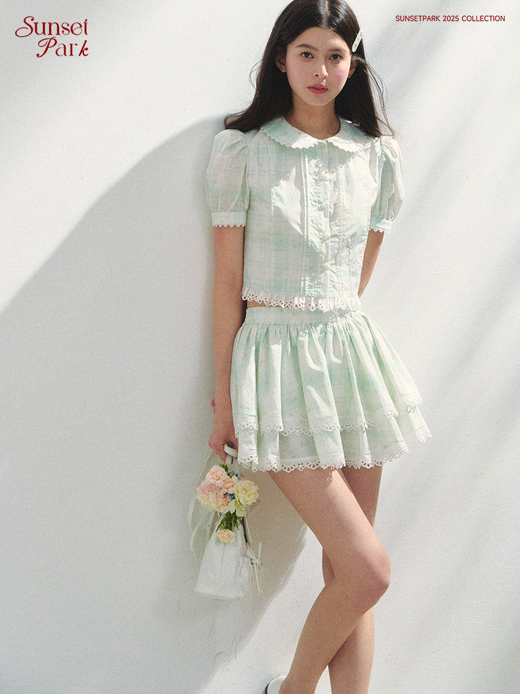 Puff-Sleeve Blouse & Tiered Skirt - Plain Or Plaid
