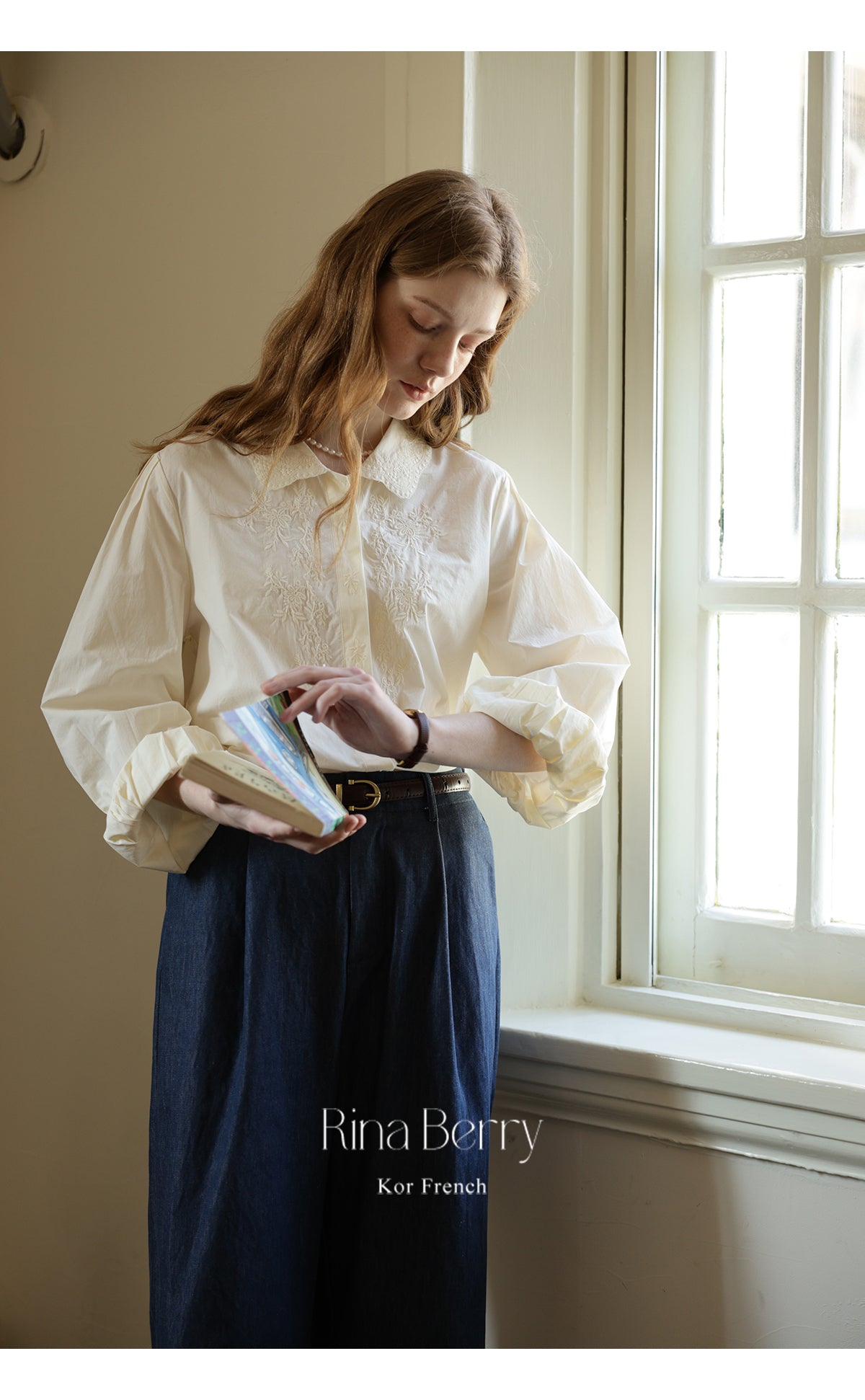 Embroidered Floral Blouse With Pleated Puff Sleeves