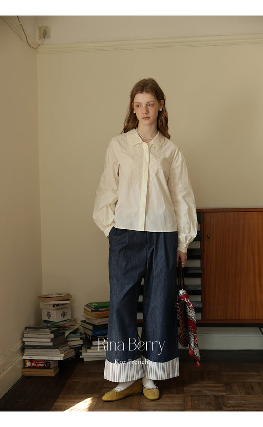 Embroidered Floral Blouse With Pleated Puff Sleeves