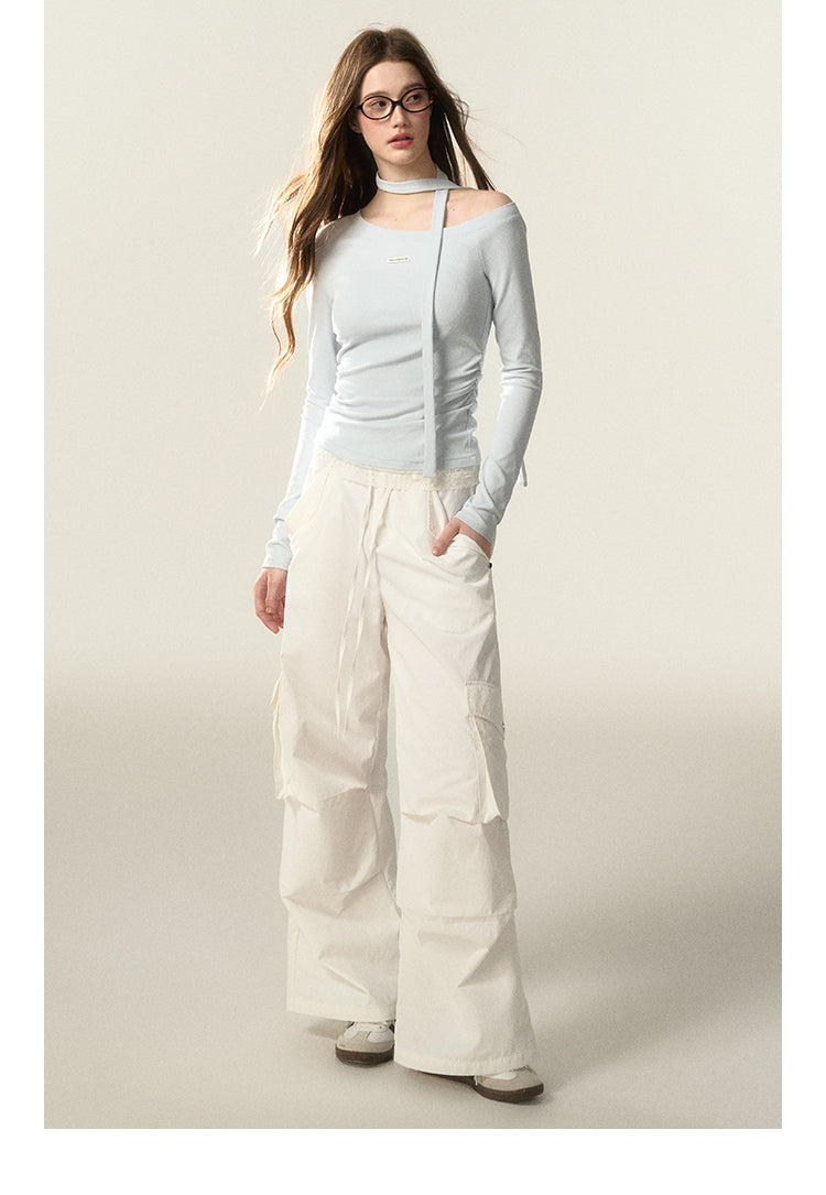 Elastic One-Shoulder Top With Neck Scarf