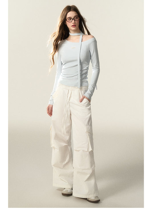 Elastic One-Shoulder Top With Neck Scarf