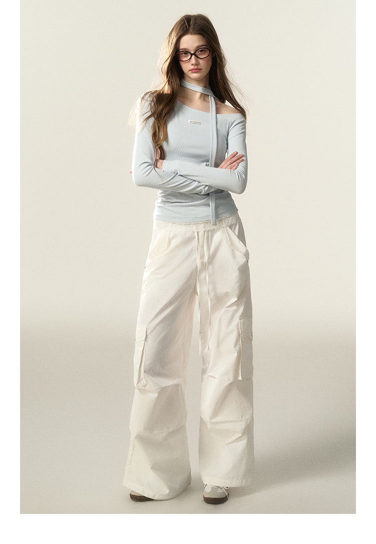 Elastic One-Shoulder Top With Neck Scarf