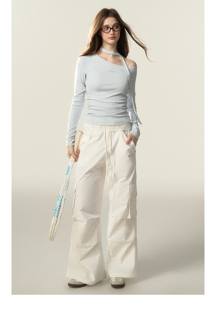 Elastic One-Shoulder Top With Neck Scarf