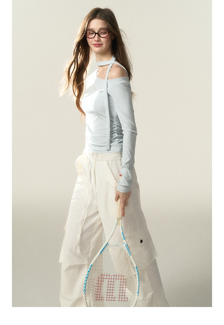 Elastic One-Shoulder Top With Neck Scarf