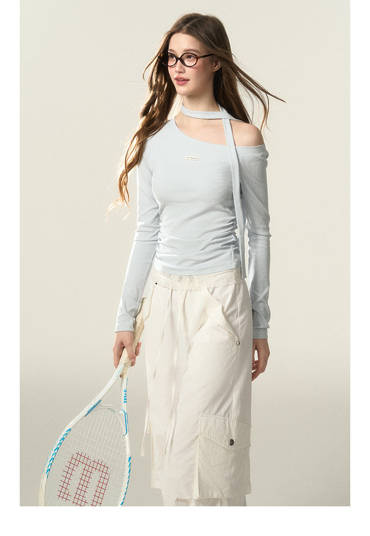 Elastic One-Shoulder Top With Neck Scarf