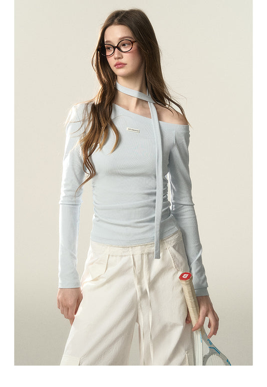 Elastic One-Shoulder Top With Neck Scarf