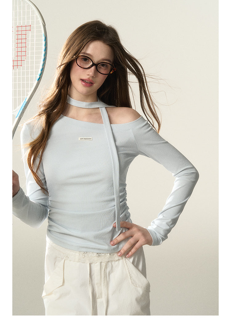 Elastic One-Shoulder Top With Neck Scarf