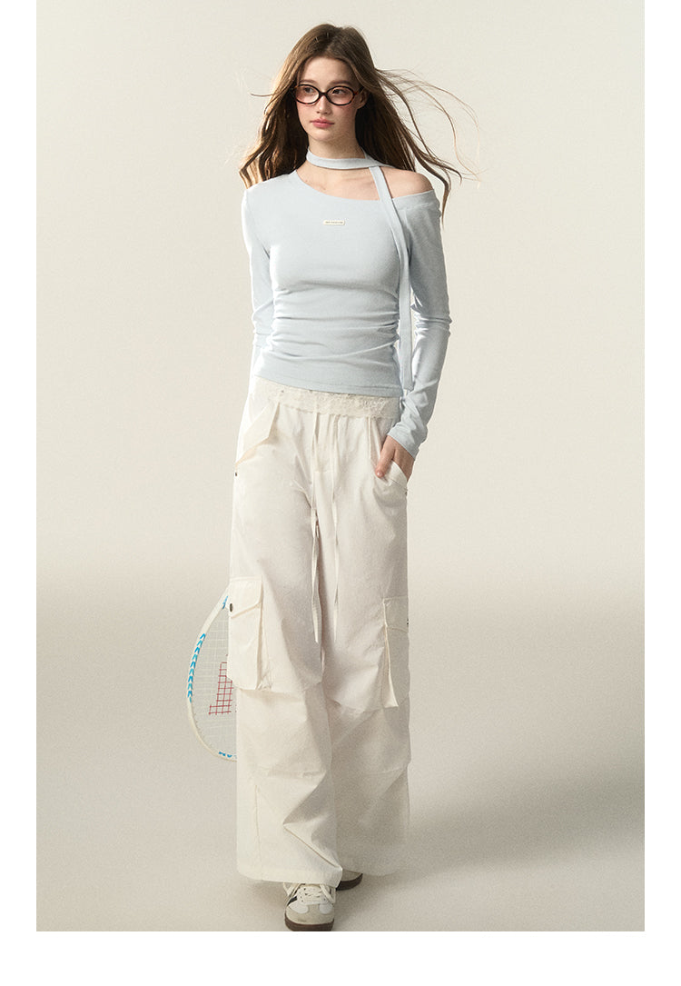 Elastic One-Shoulder Top With Neck Scarf