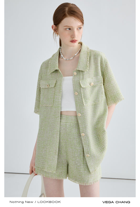 Boxy Button-Up Fringed Cropped Shirt And Matching Shorts