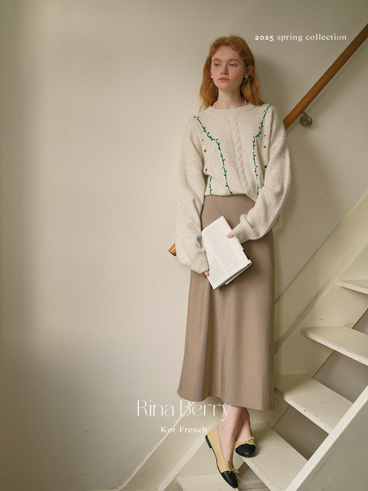 Melange Sweater With Botanical Vine Floral Embroidery