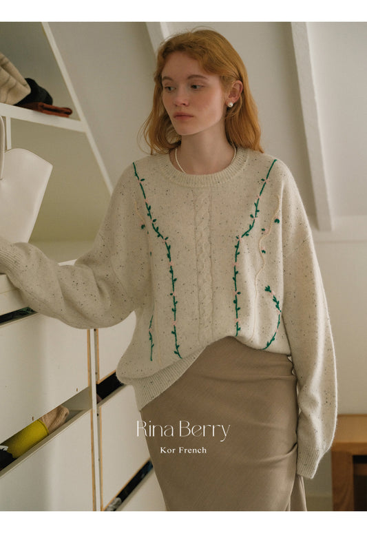 Melange Sweater With Botanical Vine Floral Embroidery