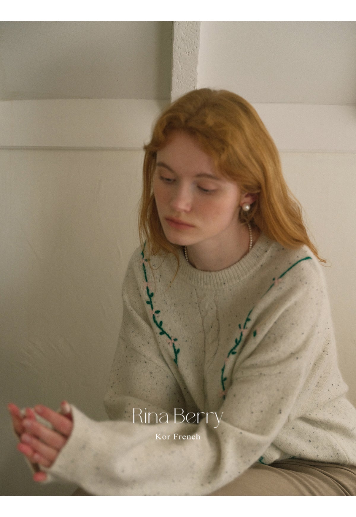 Melange Sweater With Botanical Vine Floral Embroidery