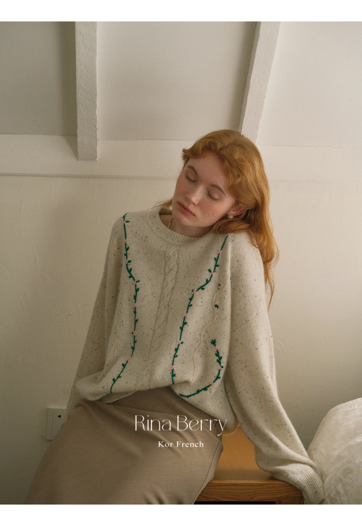 Melange Sweater With Botanical Vine Floral Embroidery