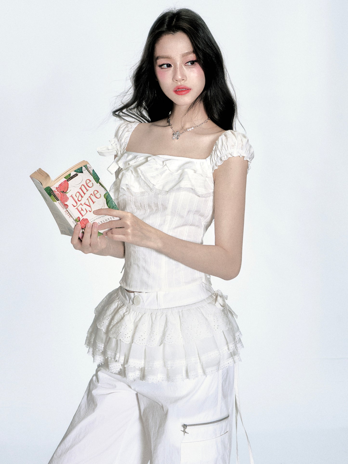 Two-Way Shoulder Ruffled Top With Stripe Embroidery