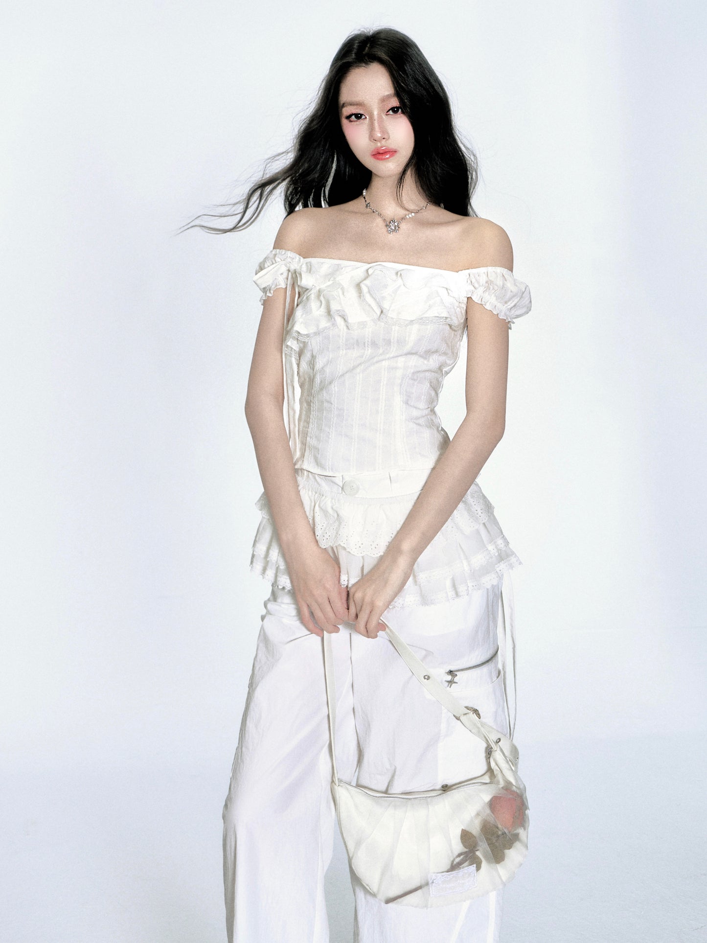 Two-Way Shoulder Ruffled Top With Stripe Embroidery