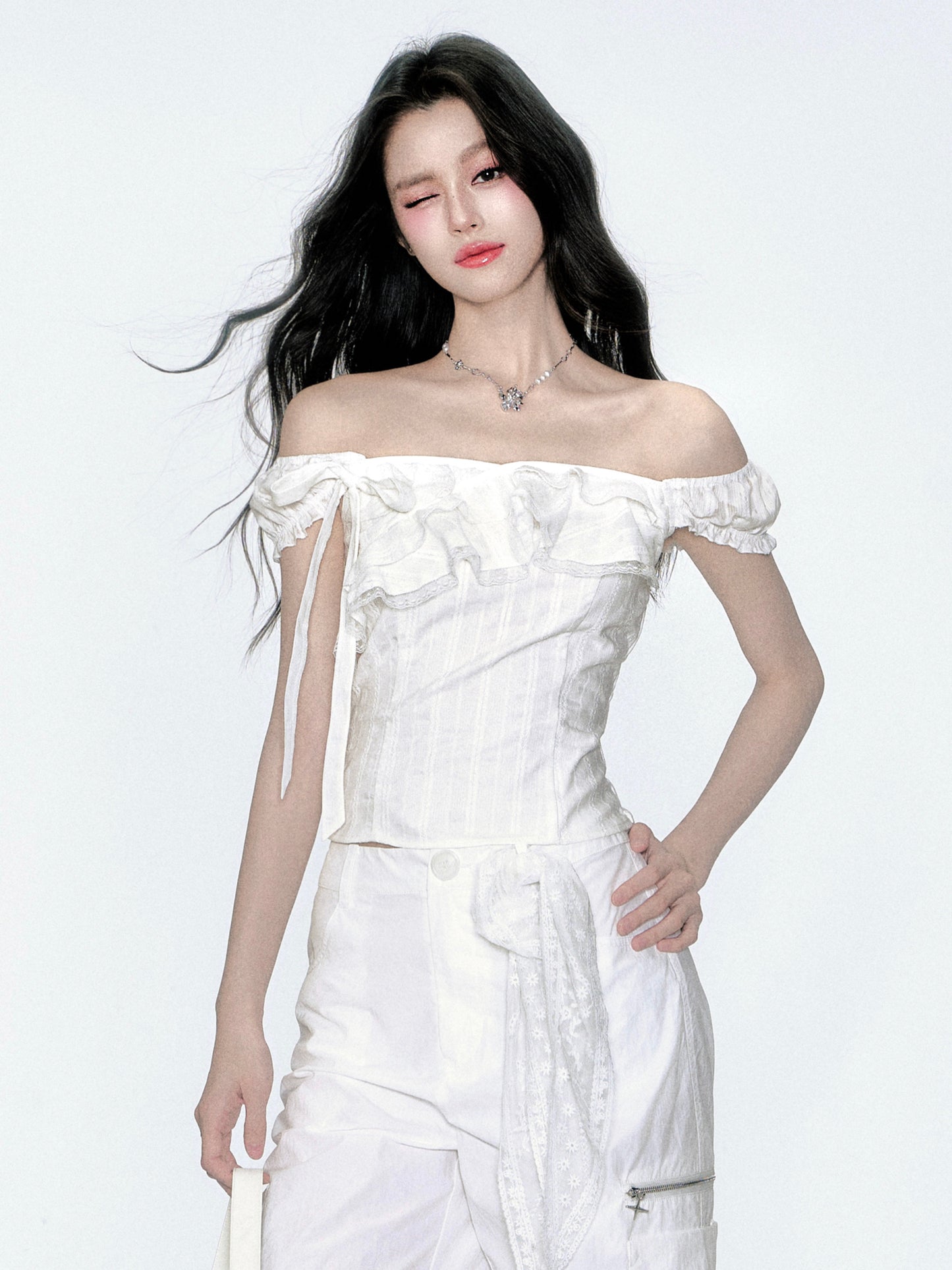 Two-Way Shoulder Ruffled Top With Stripe Embroidery