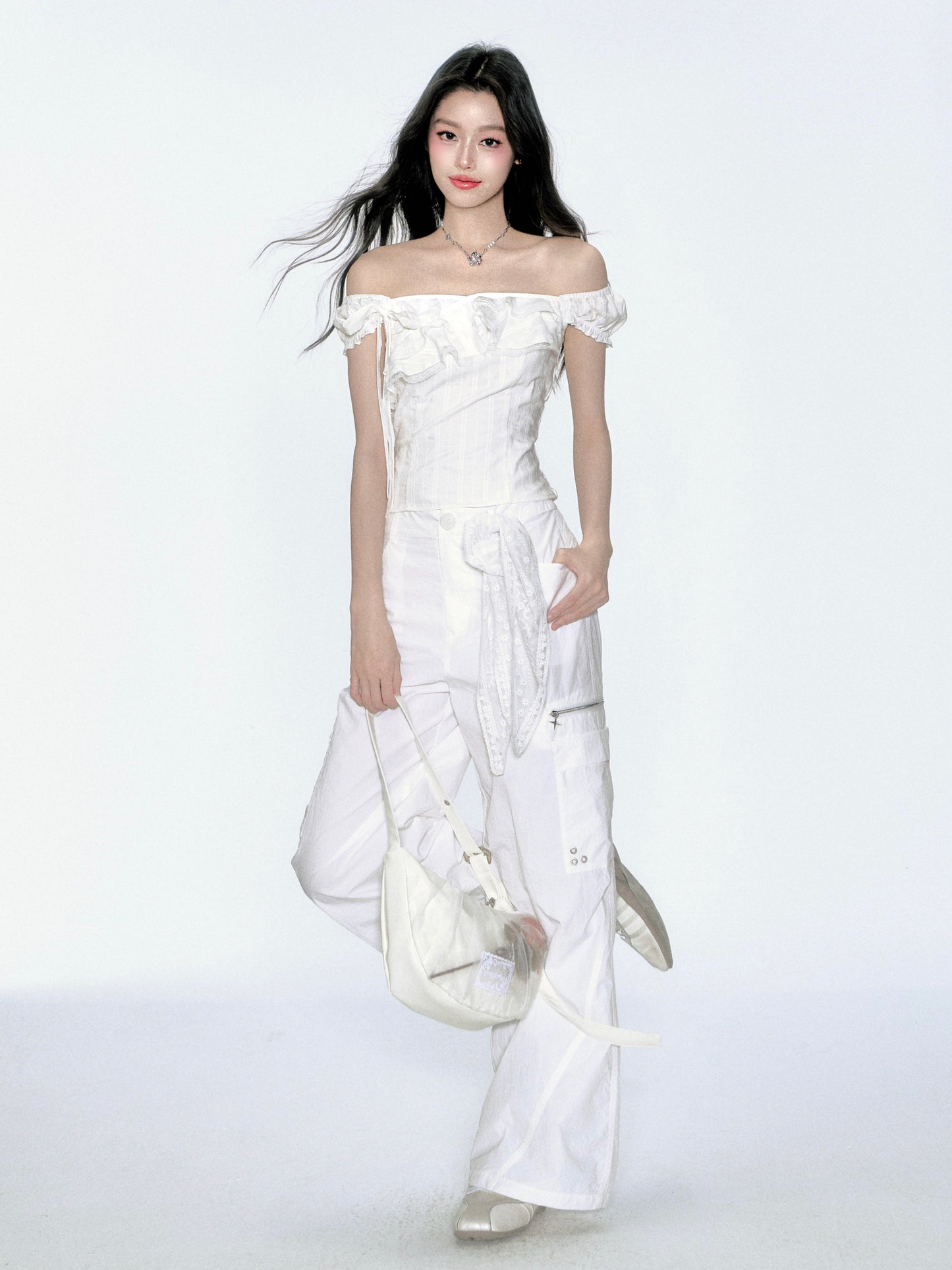 Two-Way Shoulder Ruffled Top With Stripe Embroidery