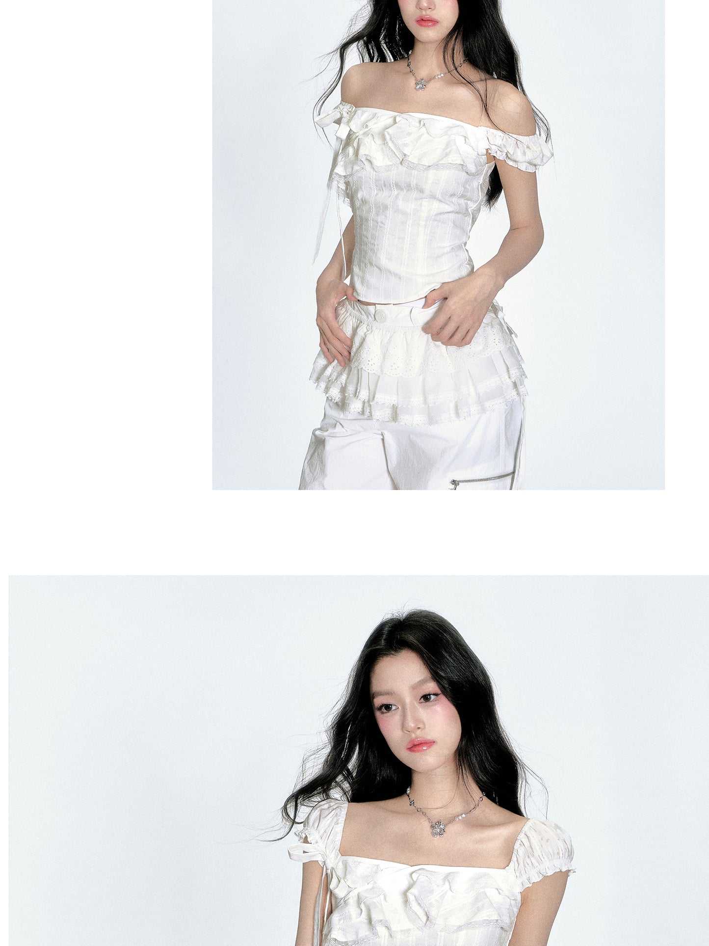 Two-Way Shoulder Ruffled Top With Stripe Embroidery