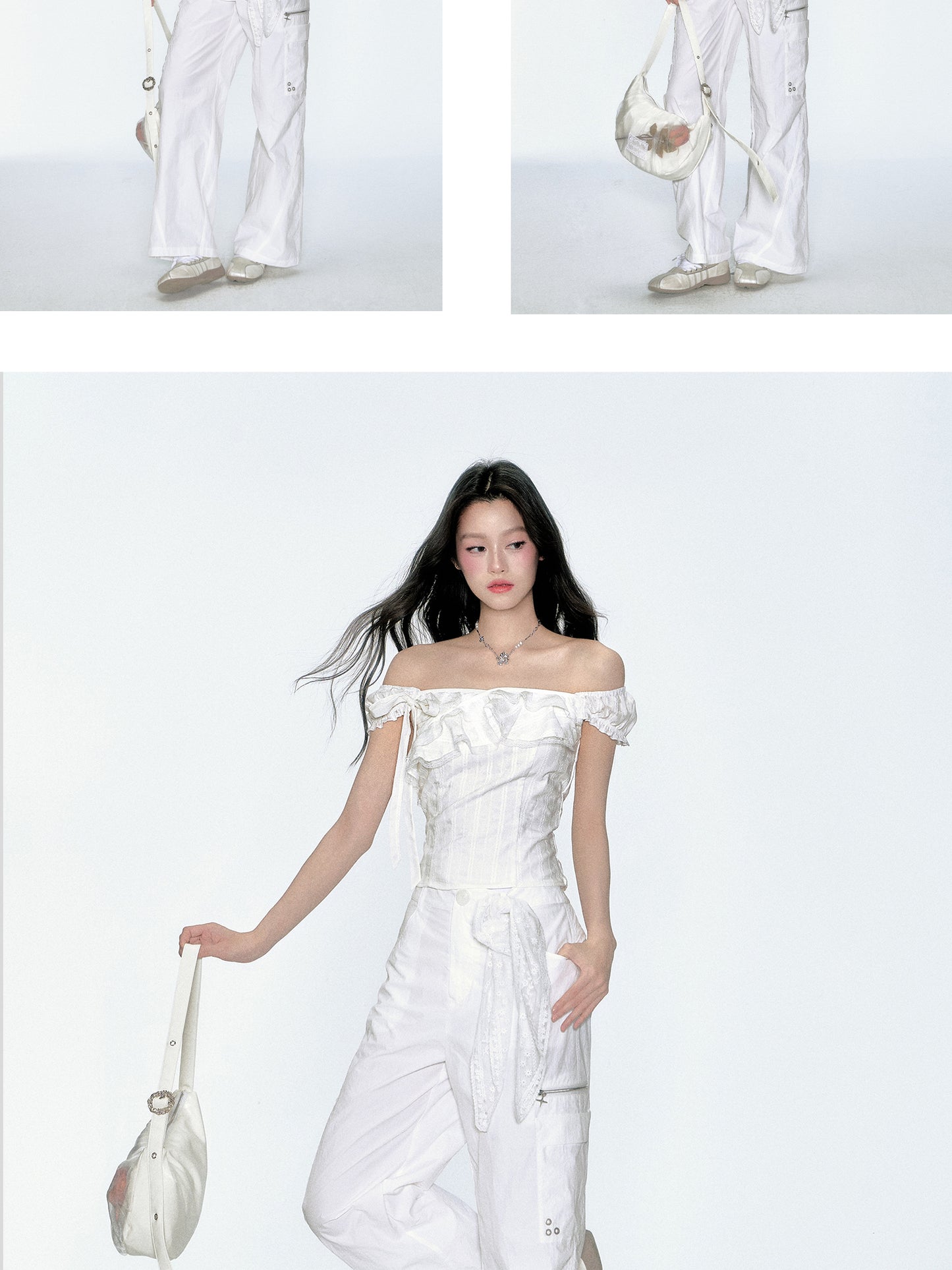 Two-Way Shoulder Ruffled Top With Stripe Embroidery