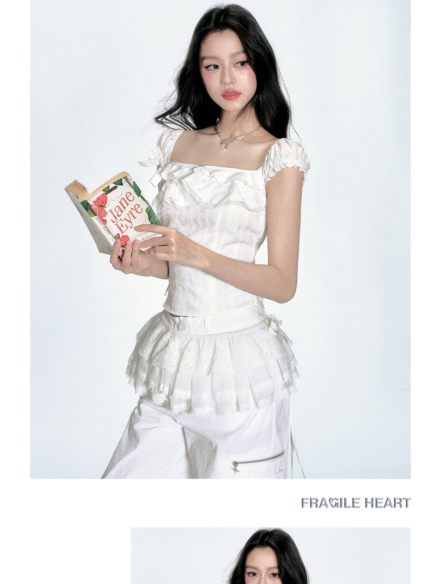Two-Way Shoulder Ruffled Top With Stripe Embroidery