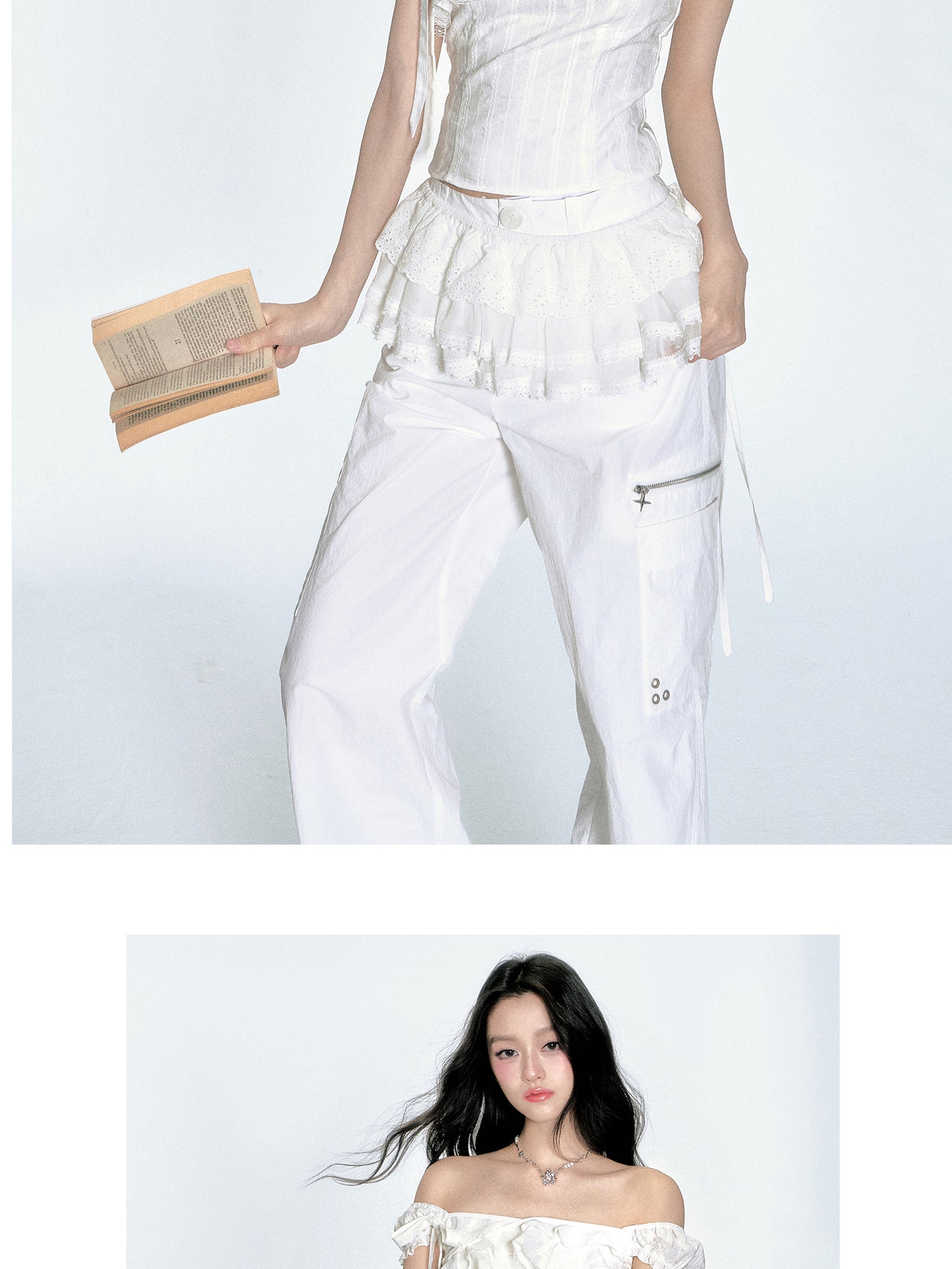 Two-Way Shoulder Ruffled Top With Stripe Embroidery