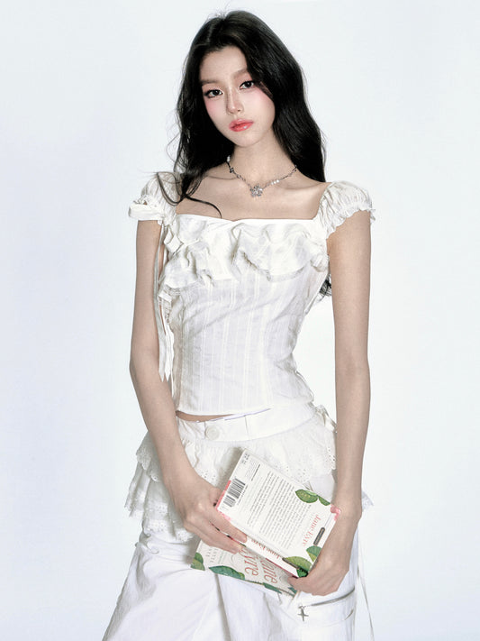 Two-Way Shoulder Ruffled Top With Stripe Embroidery