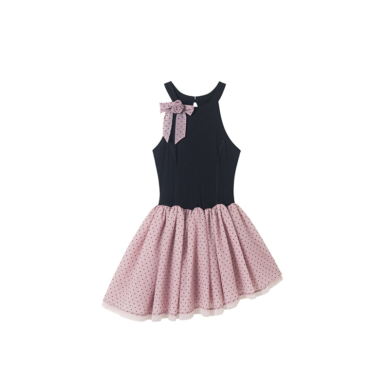 Asymmetric Hem Polka Dot Sleeveless Dress With Bow