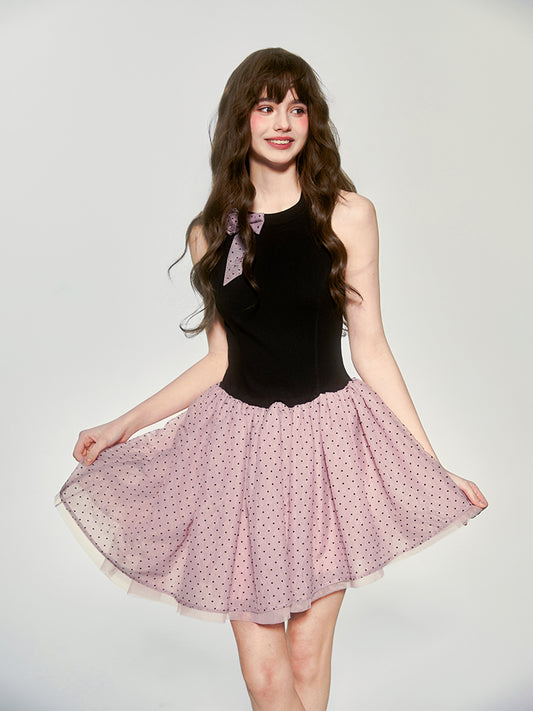 Asymmetric Hem Polka Dot Sleeveless Dress With Bow