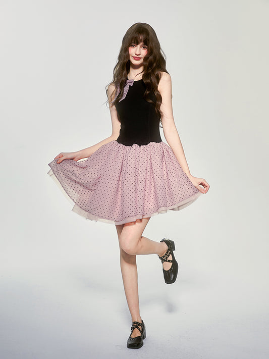 Asymmetric Hem Polka Dot Sleeveless Dress With Bow